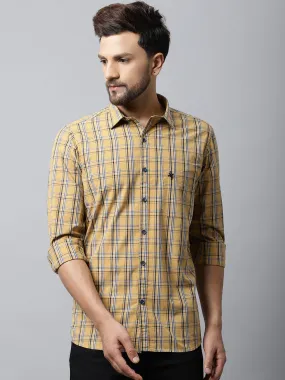 Cantabil Cotton Checkered Mustard Full Sleeve Casual Shirt for Men with Pocket