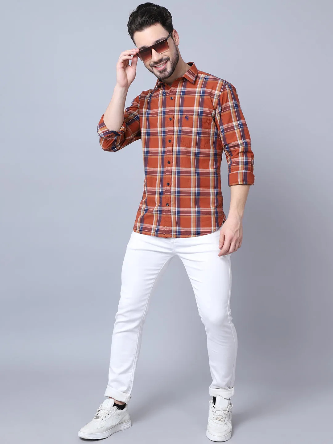 Cantabil Cotton Checkered Red Full Sleeve Casual Shirt for Men with Pocket