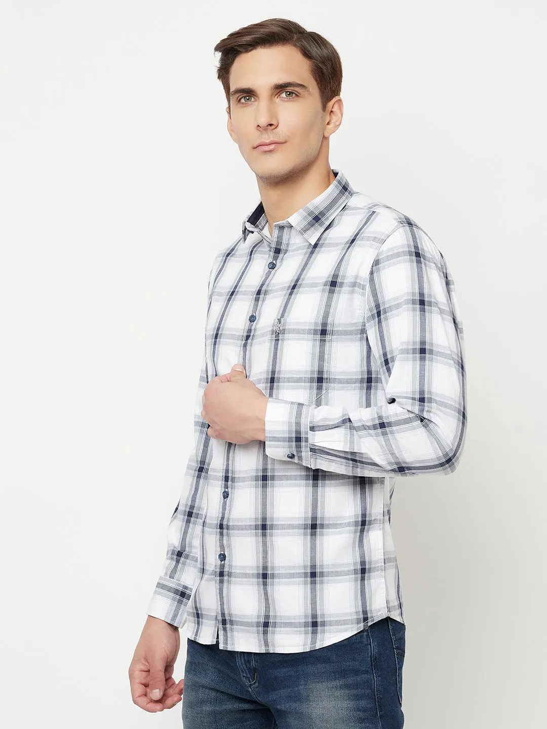 Cantabil Cotton Checkered White Full Sleeve Casual Shirt for Men with Pocket