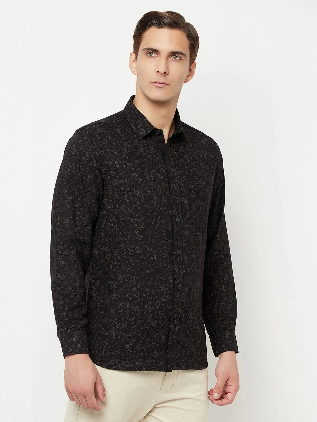 Cantabil Cotton Printed Black Full Sleeve Casual Shirt for Men with Pocket