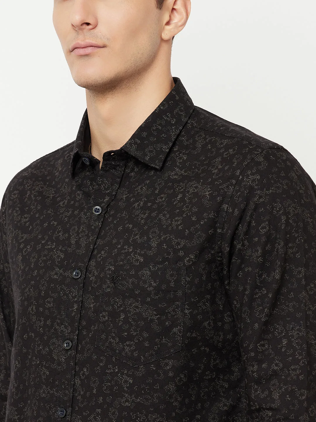 Cantabil Cotton Printed Black Full Sleeve Casual Shirt for Men with Pocket