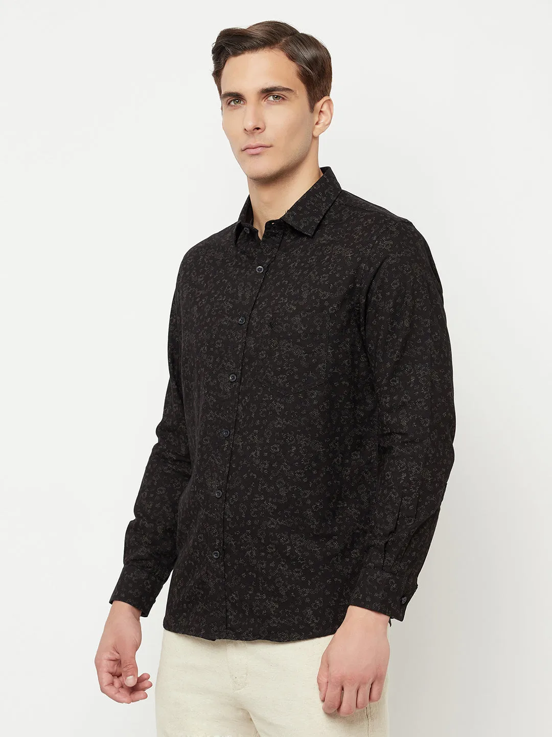 Cantabil Cotton Printed Black Full Sleeve Casual Shirt for Men with Pocket