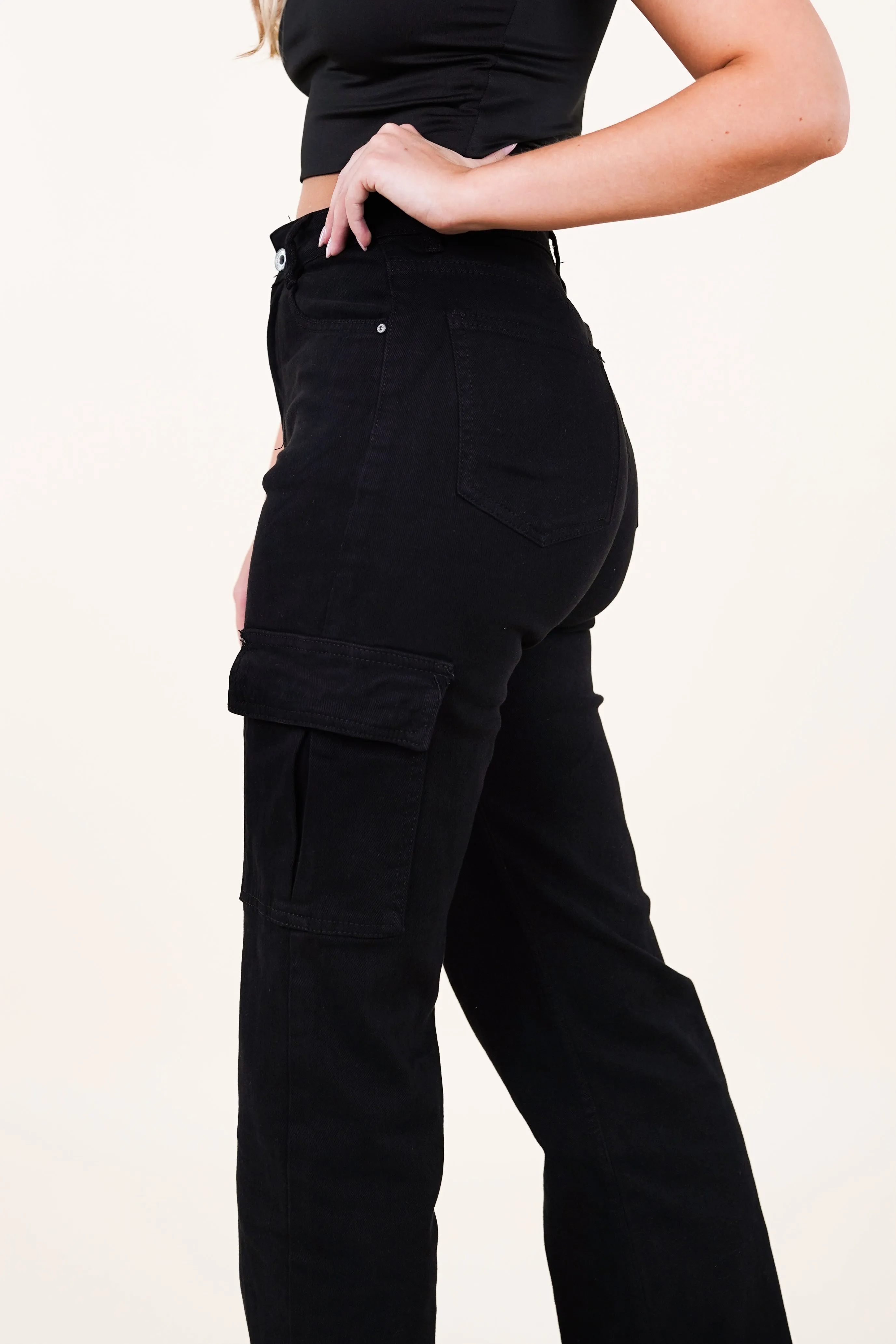 Cargo pants zwart met stretch en high waist model - Abby