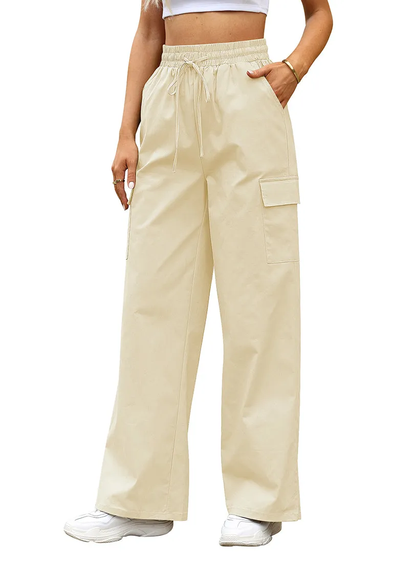 Chalk White Women's Brief Elastic Waist Wide Leg Cargo Pants Stretch Loose Pants Y2K