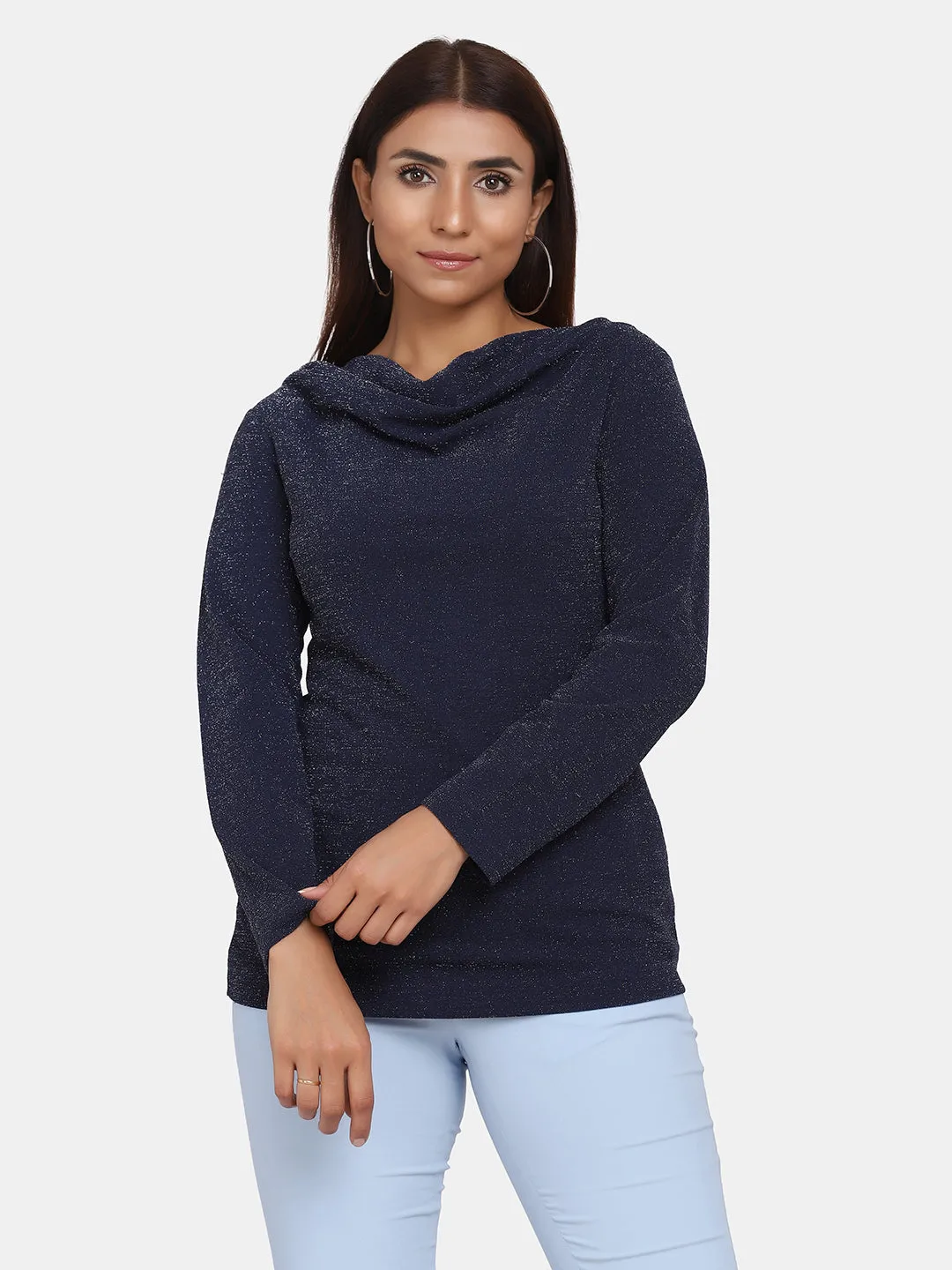 Cowl Neck Shimmery Top for Women - Navy Blue