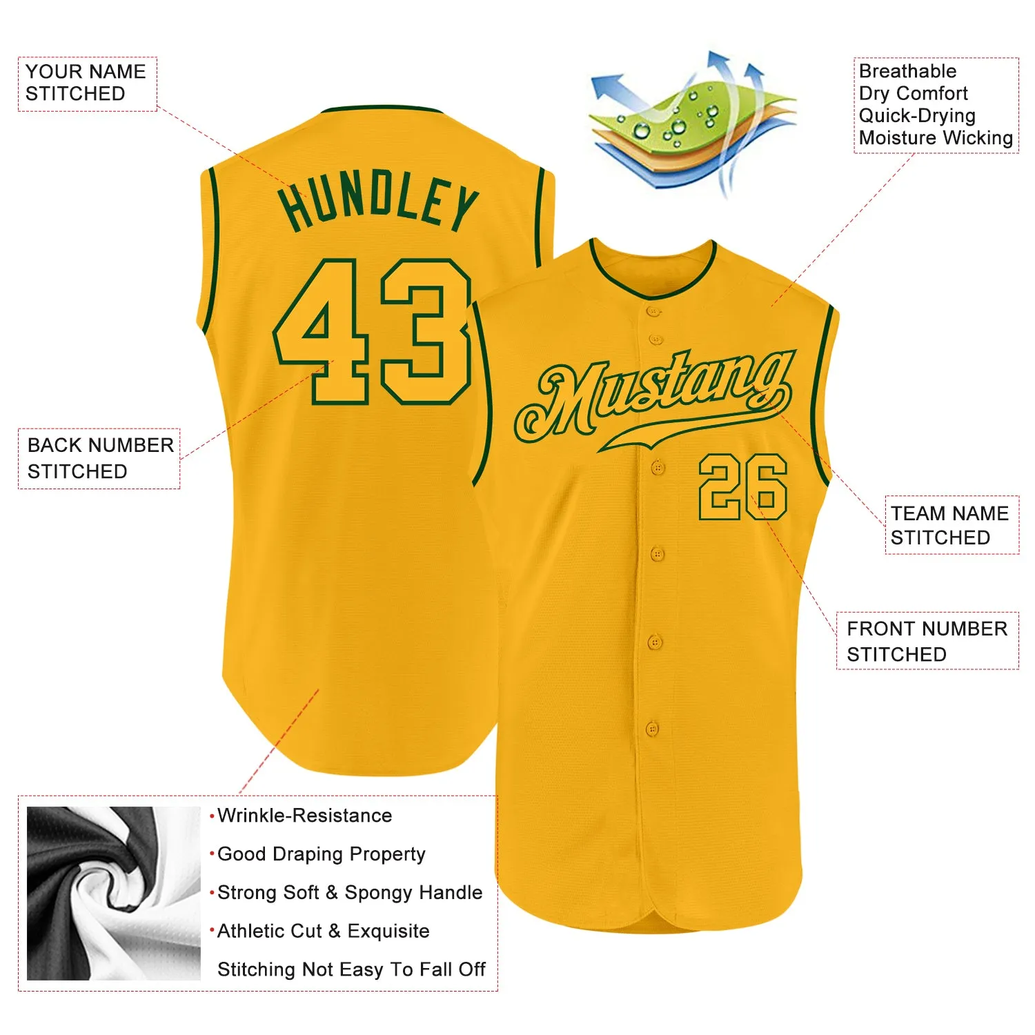 Custom Gold Gold-Green Authentic Sleeveless Baseball Jersey