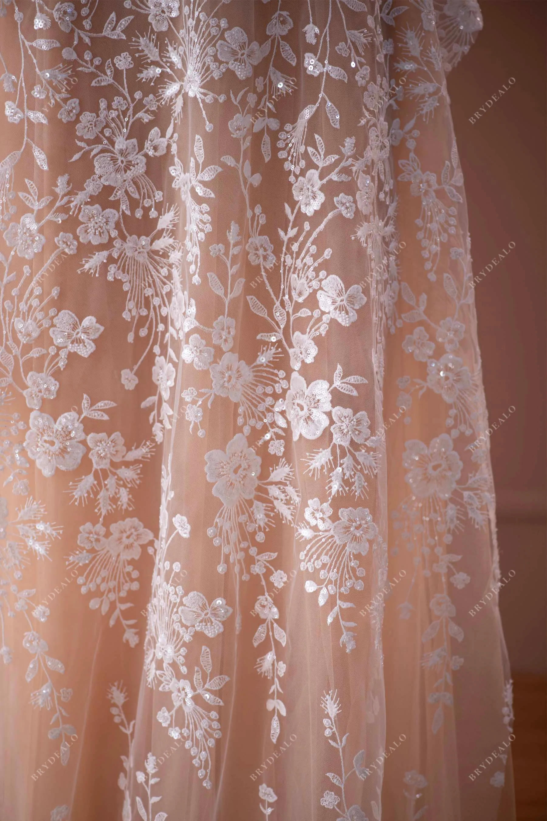 Designer Beaded Flower Bridal Lace Fabric for Wholesale