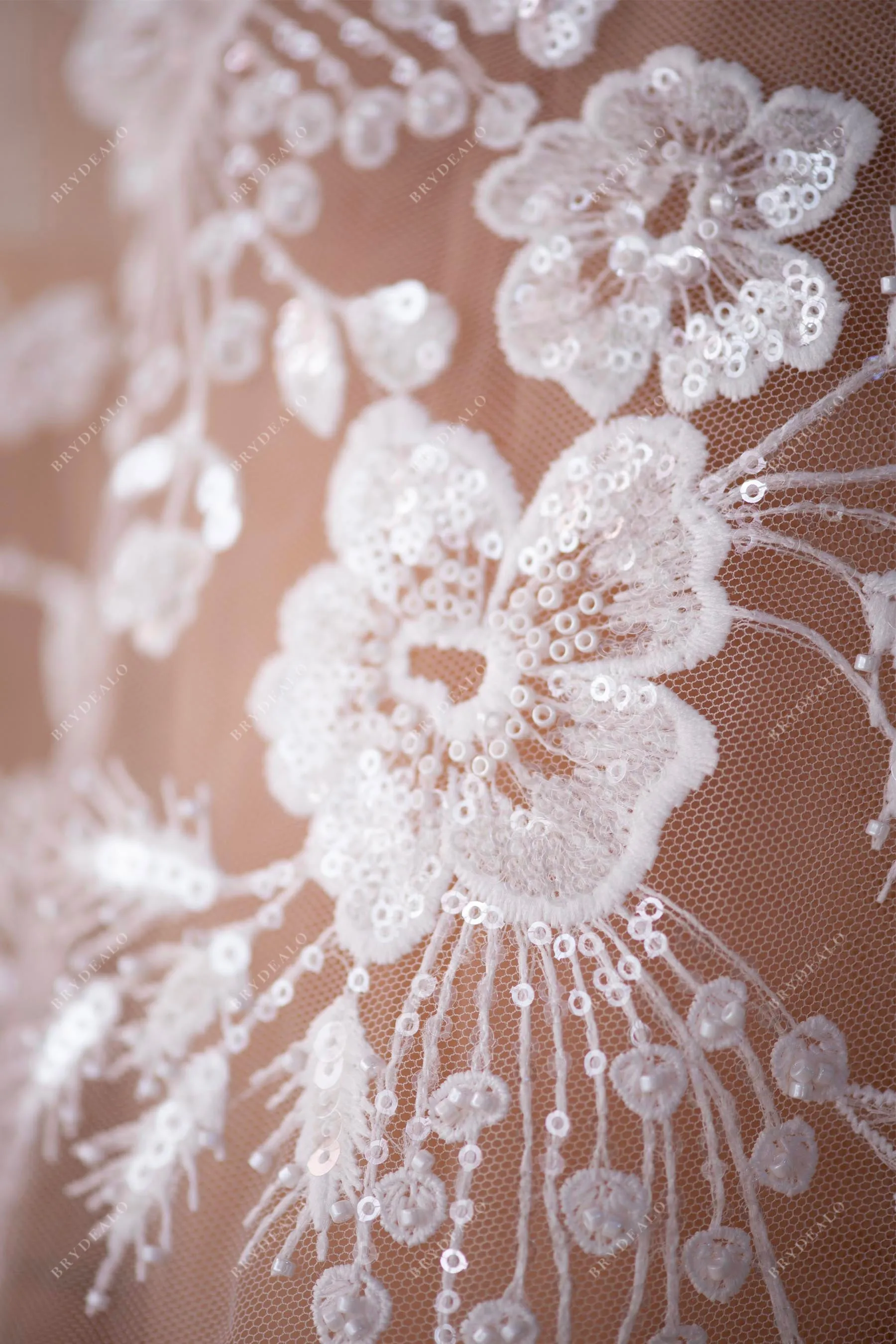 Designer Beaded Flower Bridal Lace Fabric for Wholesale