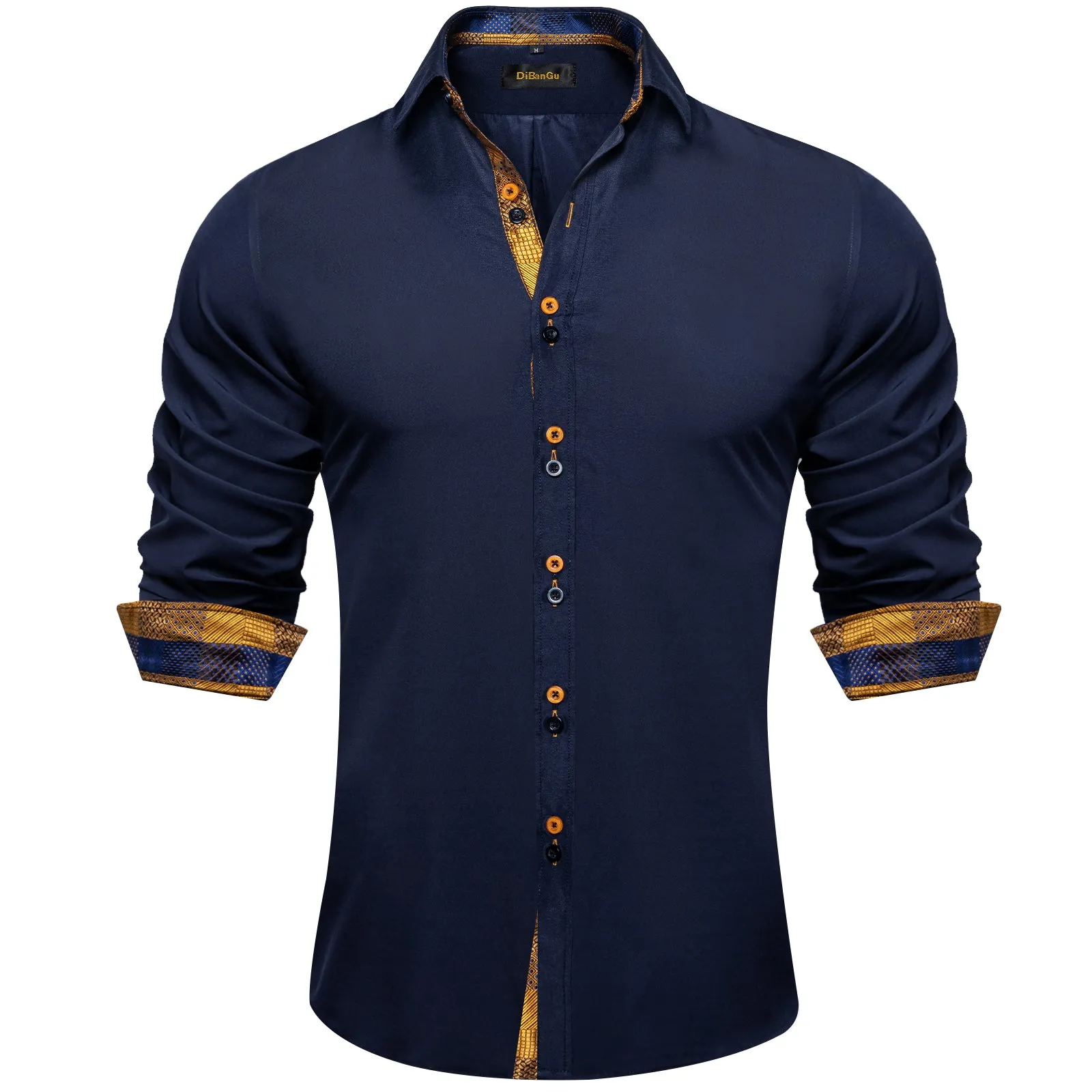 DiBanGu Dress Shirt Blue Solid Long Sleeve Splicing Casual Silk Shirt