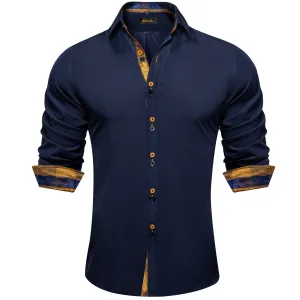 DiBanGu Dress Shirt Blue Solid Long Sleeve Splicing Casual Silk Shirt