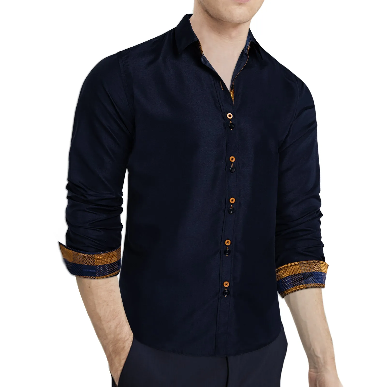 DiBanGu Dress Shirt Blue Solid Long Sleeve Splicing Casual Silk Shirt