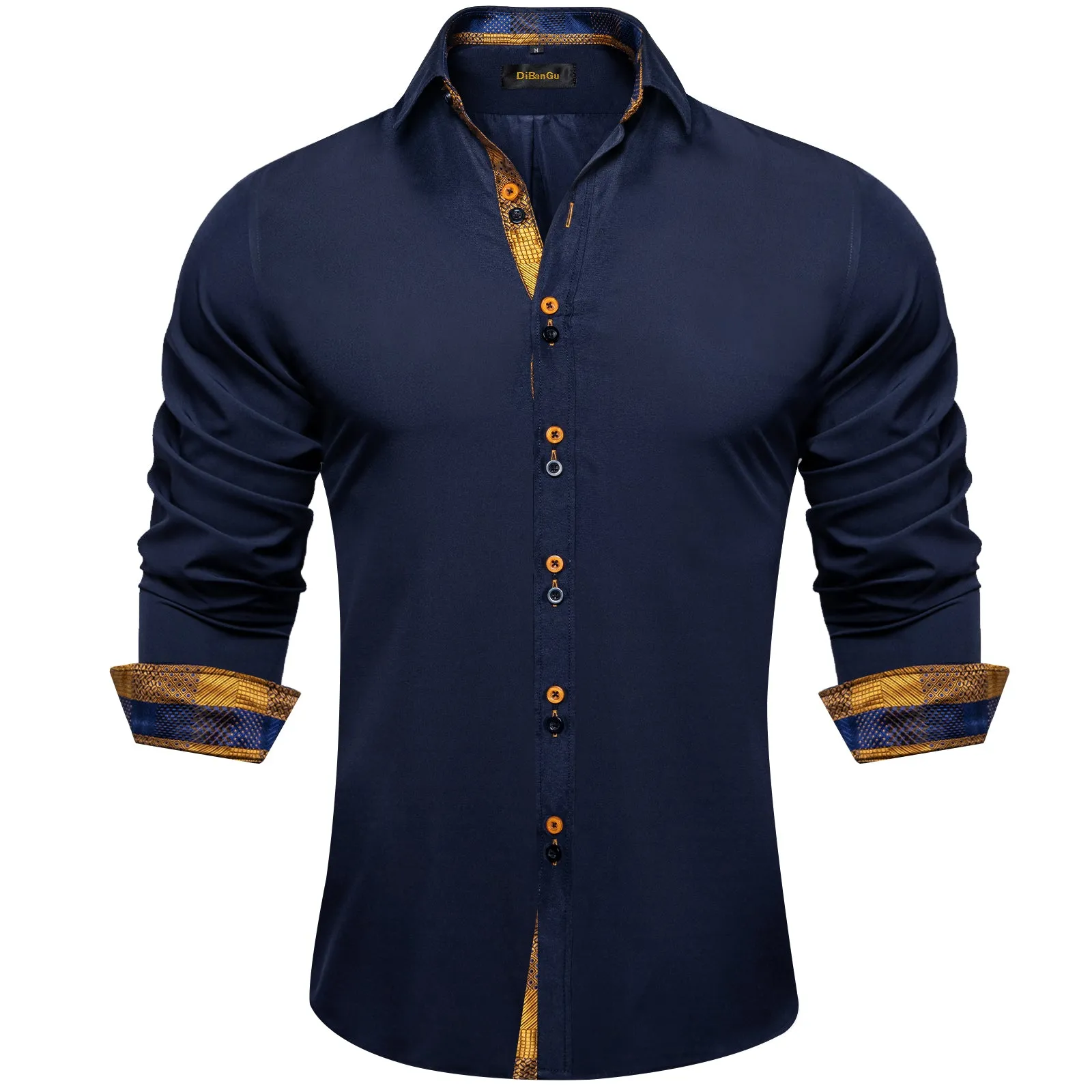 DiBanGu Dress Shirt Blue Solid Long Sleeve Splicing Casual Silk Shirt