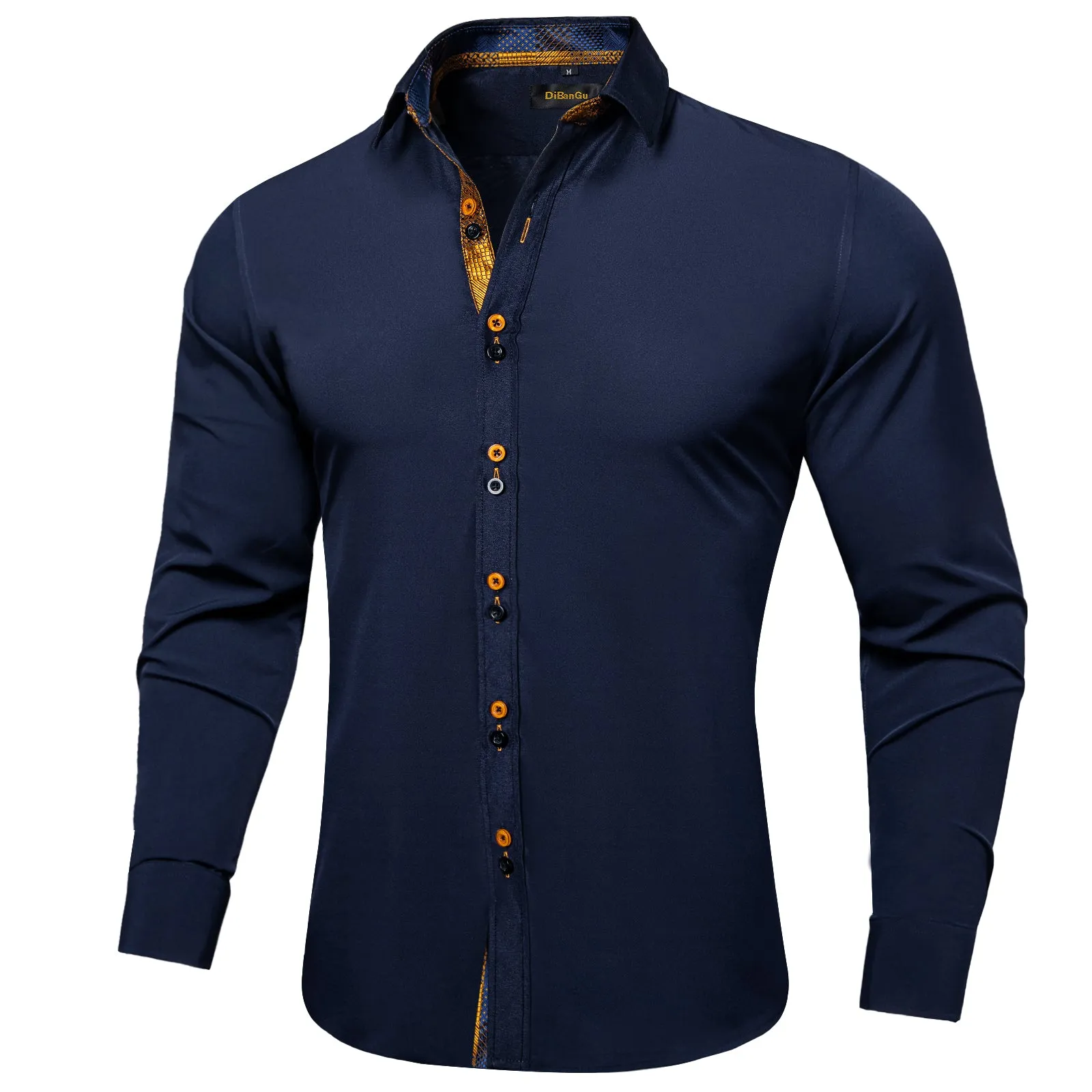 DiBanGu Dress Shirt Blue Solid Long Sleeve Splicing Casual Silk Shirt