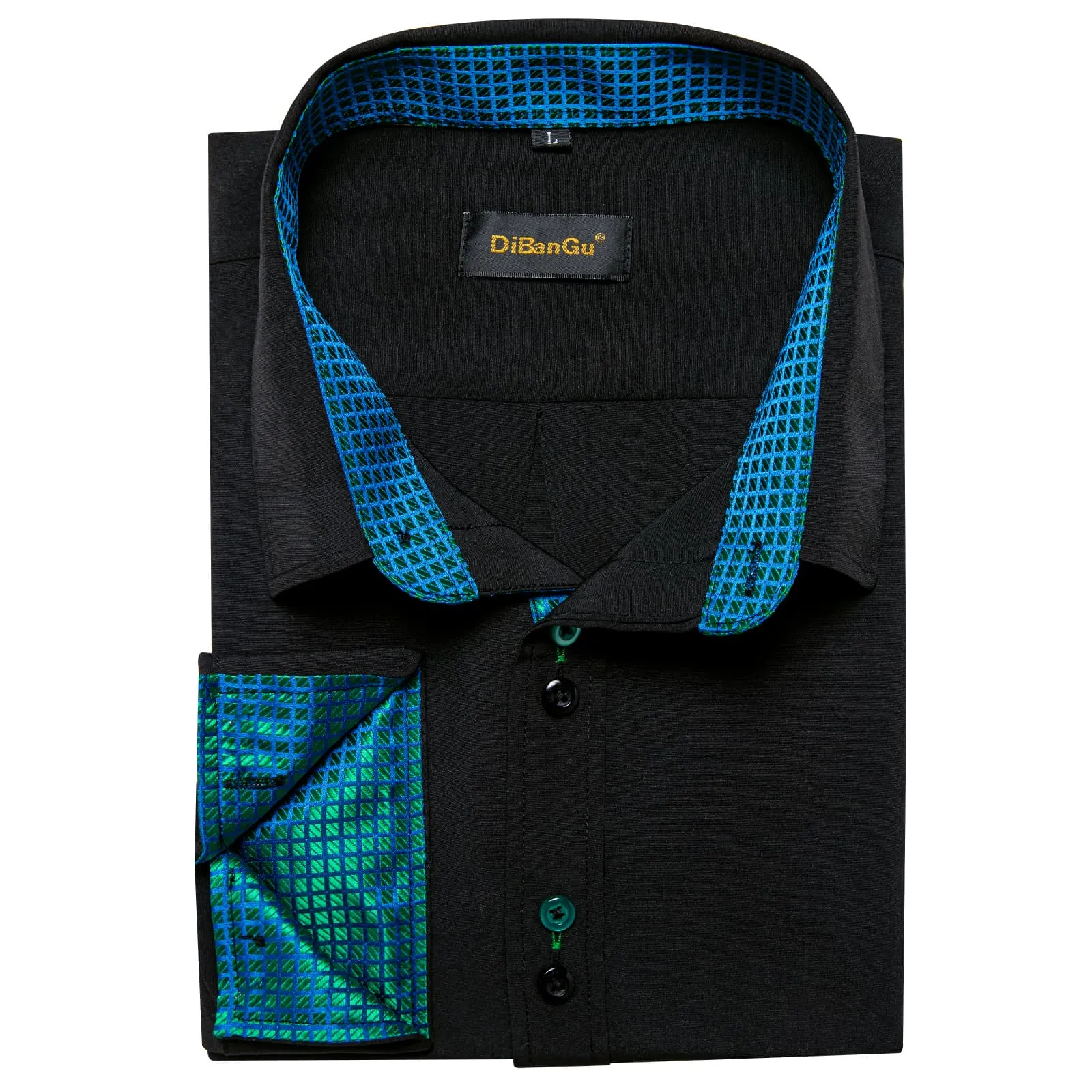 DiBanGu Mens Dress Shirt Black Solid Green Blue Plaid Splicing Silk Shirt