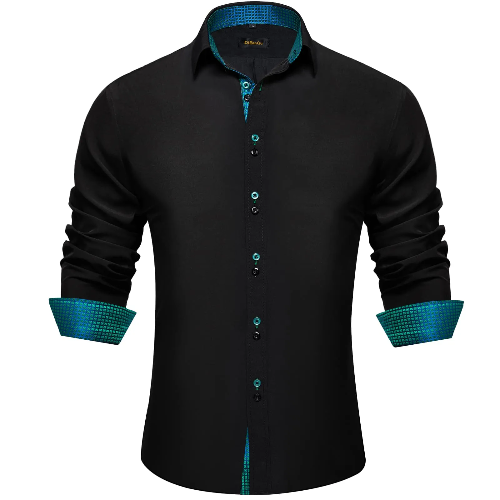 DiBanGu Mens Dress Shirt Black Solid Green Blue Plaid Splicing Silk Shirt