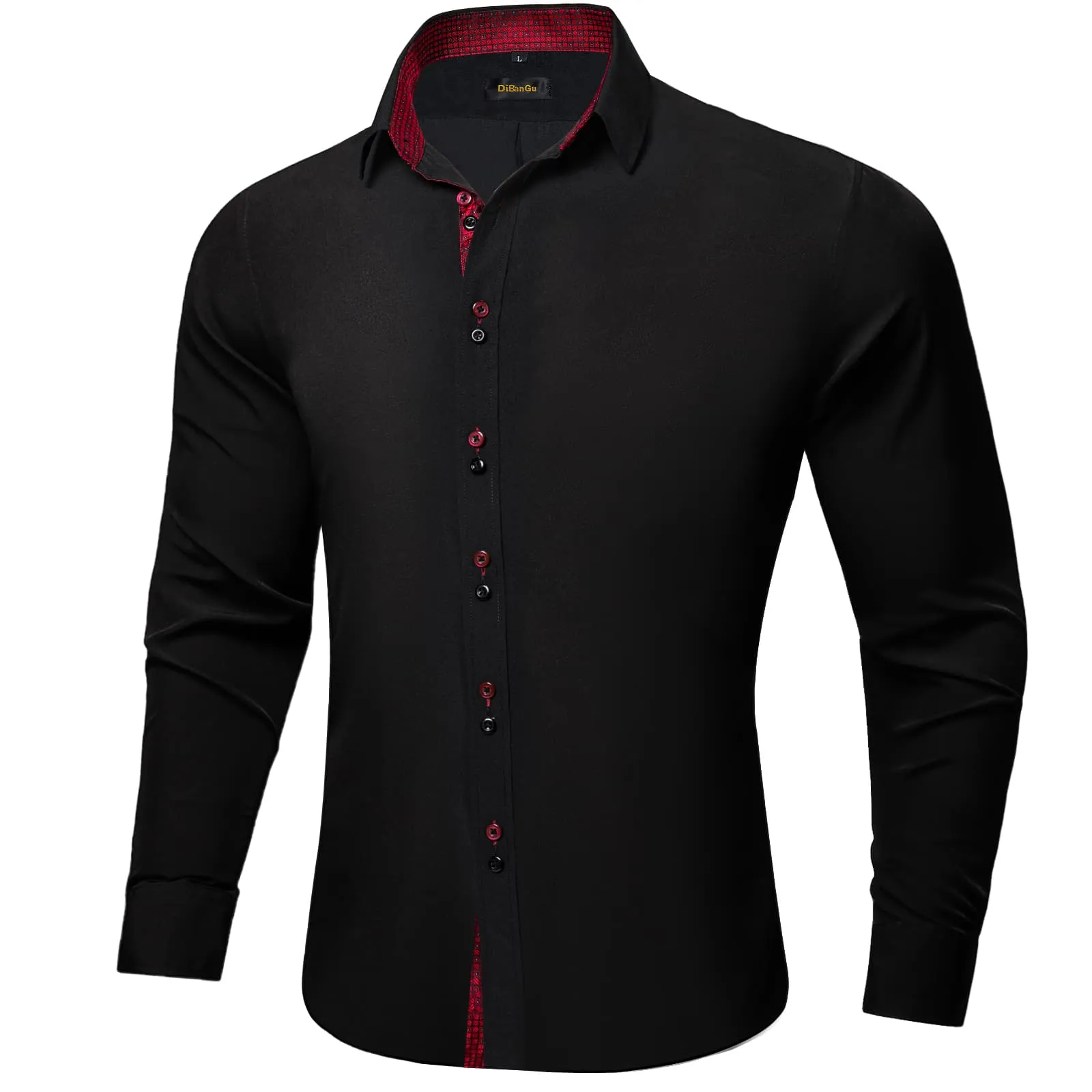 DiBanGu Mens Dress Shirt Black Solid Red Plaid Splicing Long Sleeve Shirt