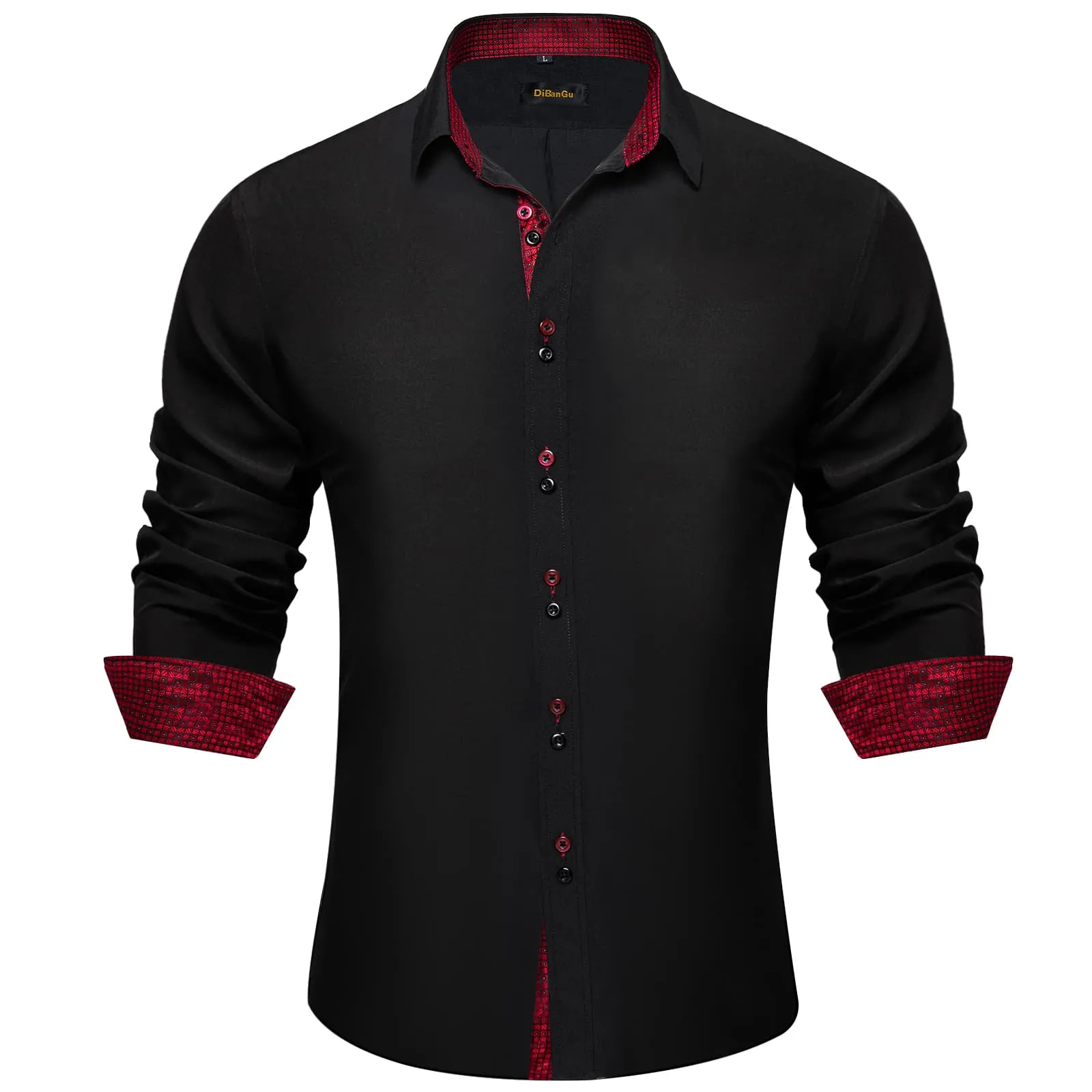 DiBanGu Mens Dress Shirt Black Solid Red Plaid Splicing Long Sleeve Shirt