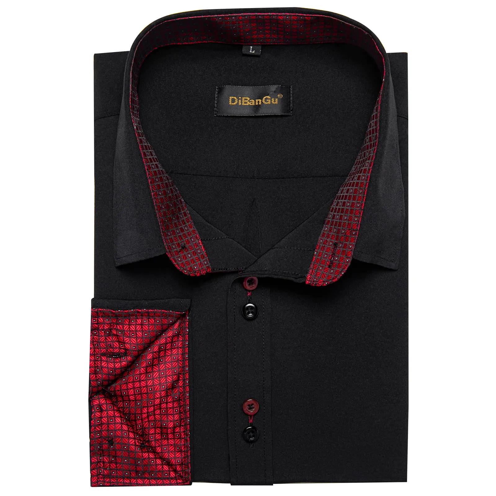 DiBanGu Mens Dress Shirt Black Solid Red Plaid Splicing Long Sleeve Shirt