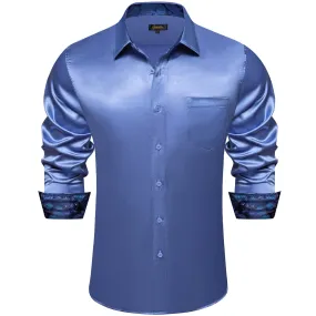 DiBanGu Tuxedo Shirt UCLA Blue Solid Satin Silk Button Up Long Sleeve Men's Shirt