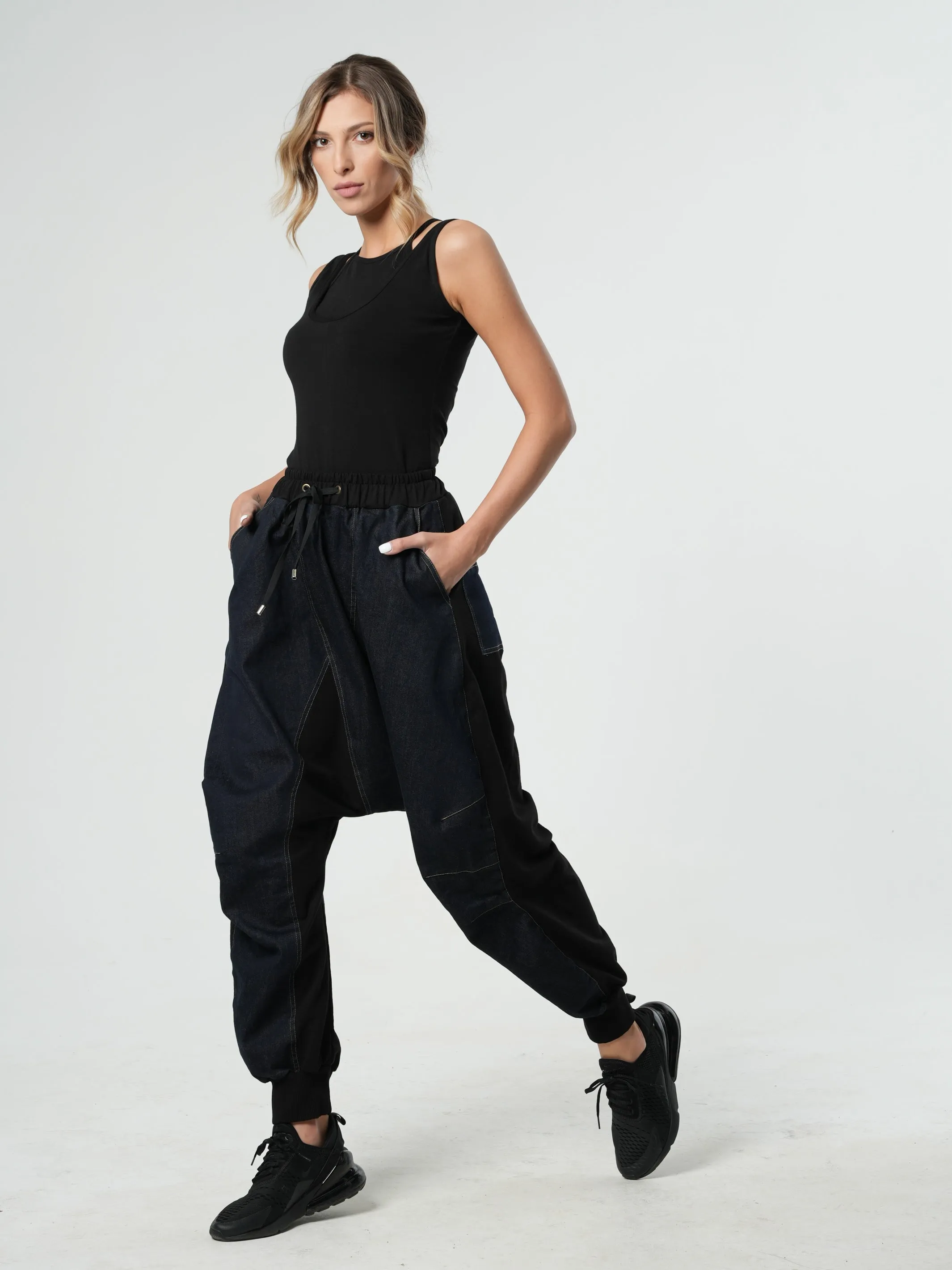 Drop-Crotch Denim Pants With Black Details