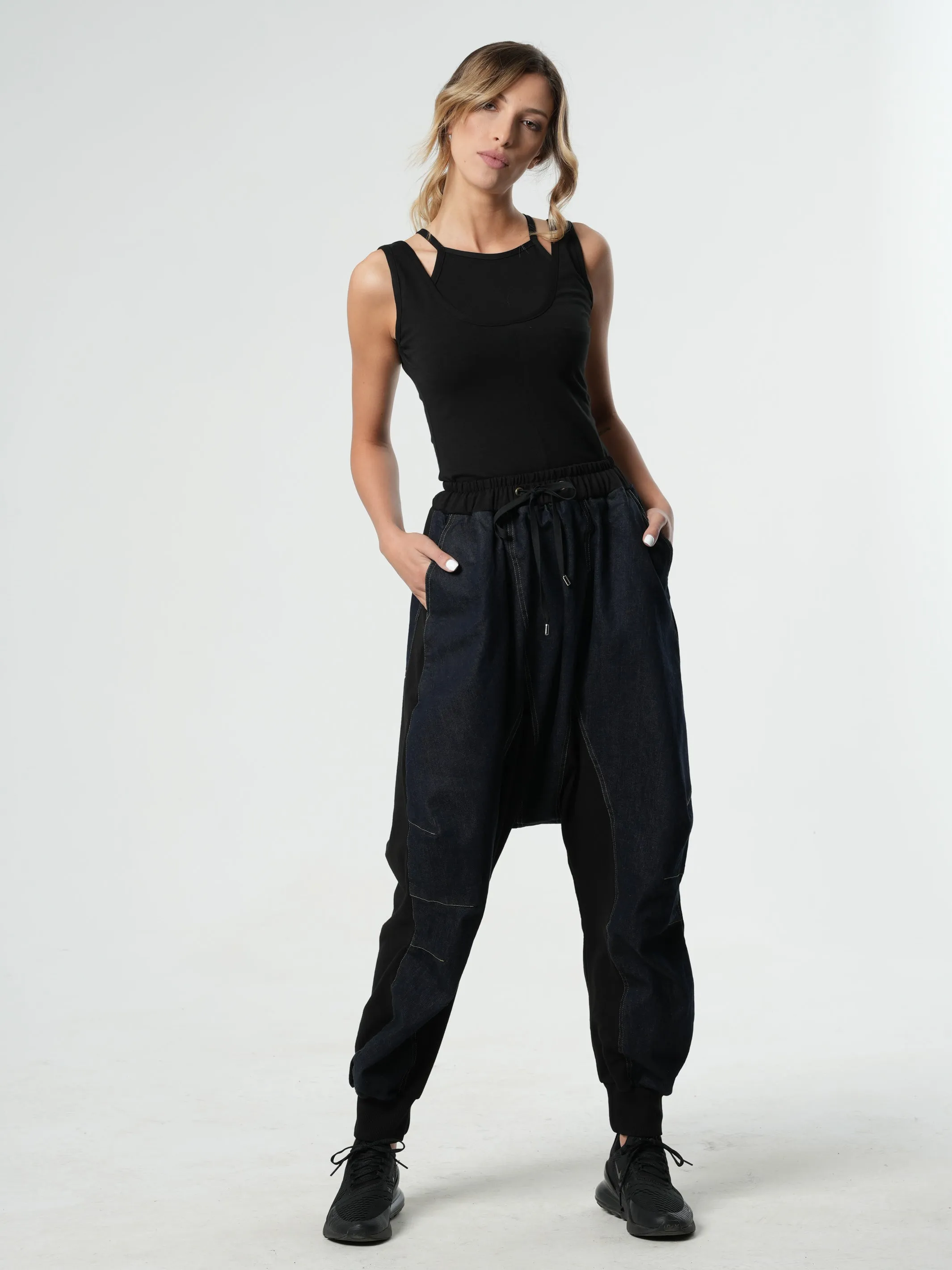 Drop-Crotch Denim Pants With Black Details