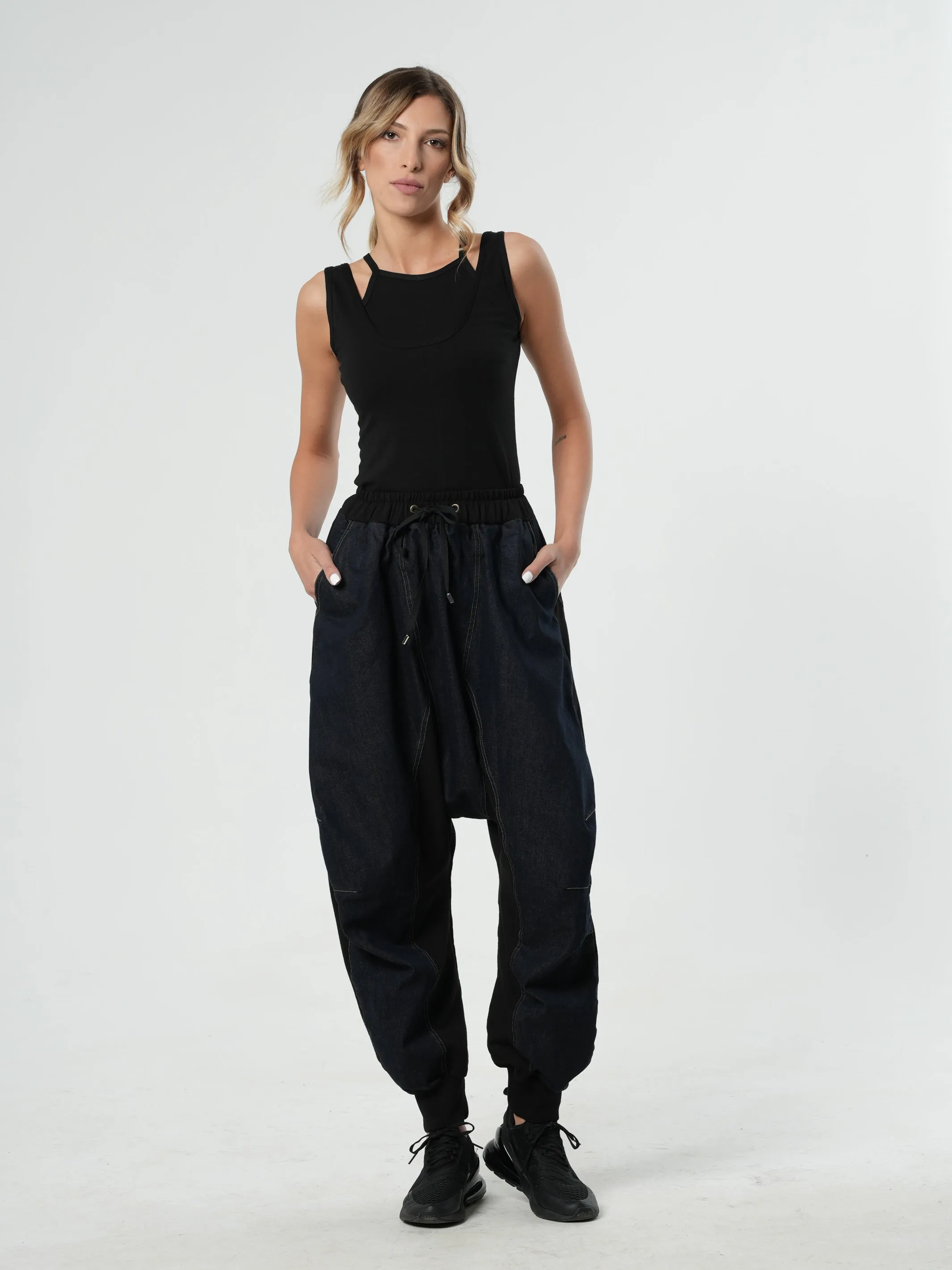 Drop-Crotch Denim Pants With Black Details