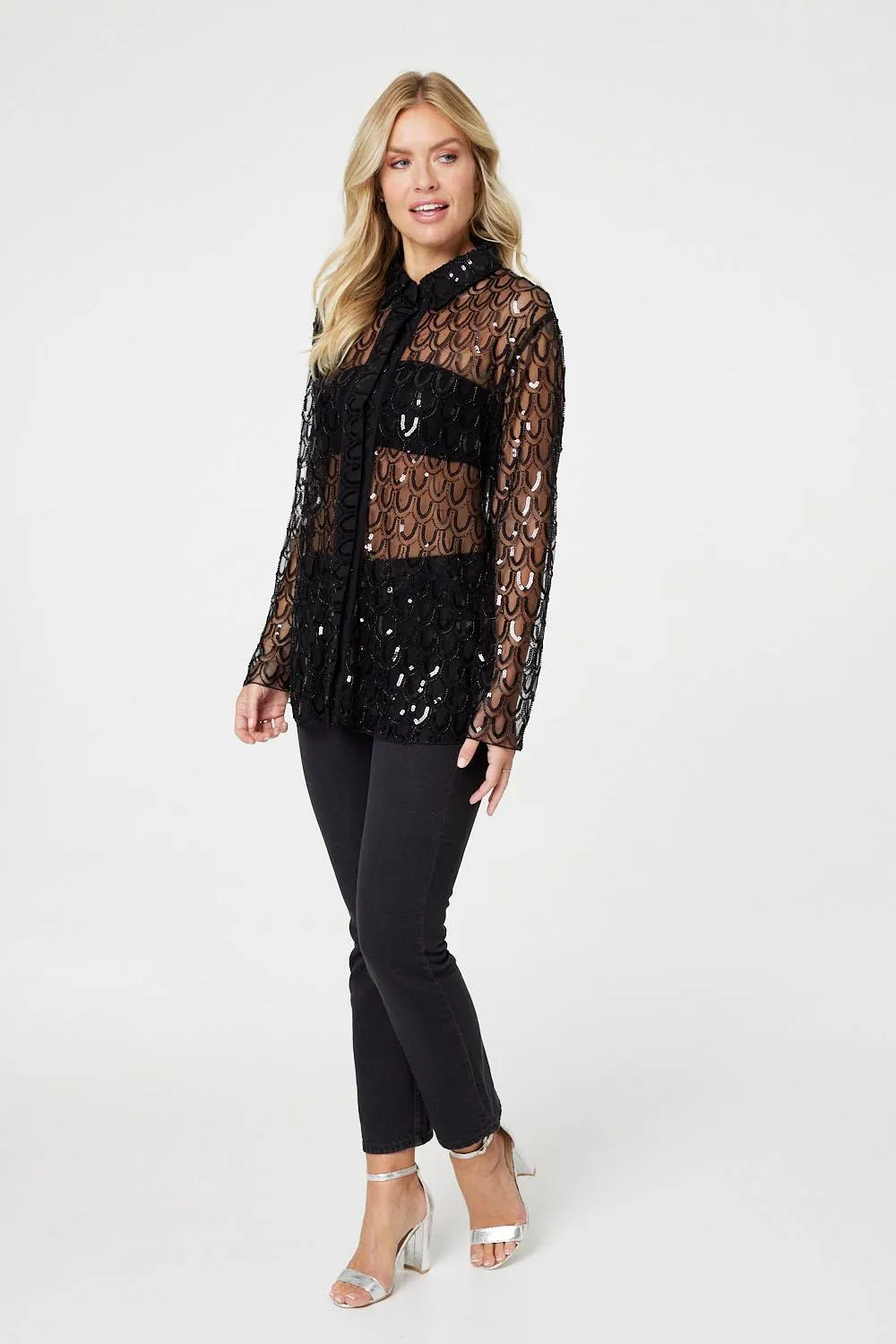 Embellished Long Sleeve Sheer Shirt