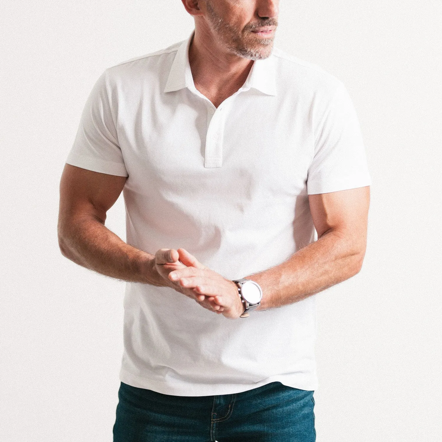 Essential Short Sleeve Polo Shirt –  Pure White Cotton Jersey