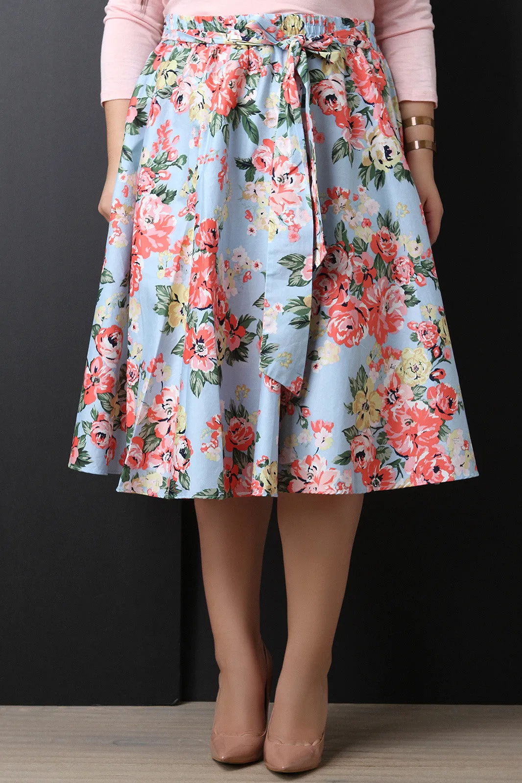 Floral Self-Tie Bow High Waisted Midi Skirt