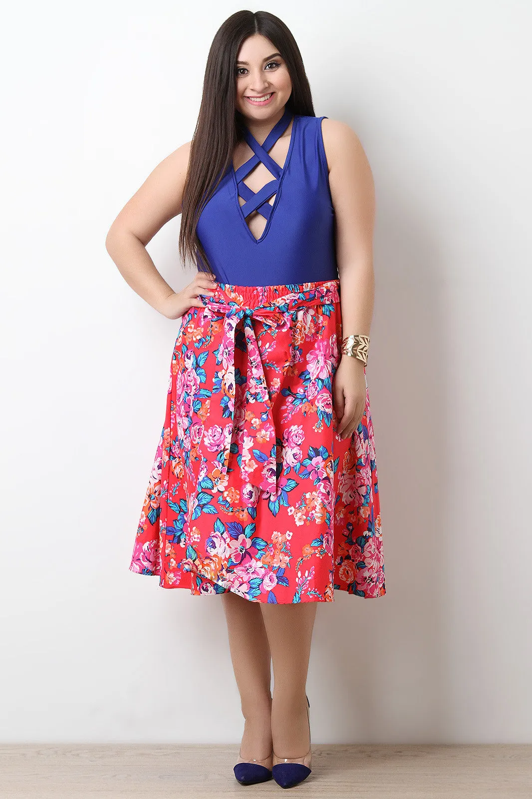 Floral Self-Tie Bow High Waisted Midi Skirt