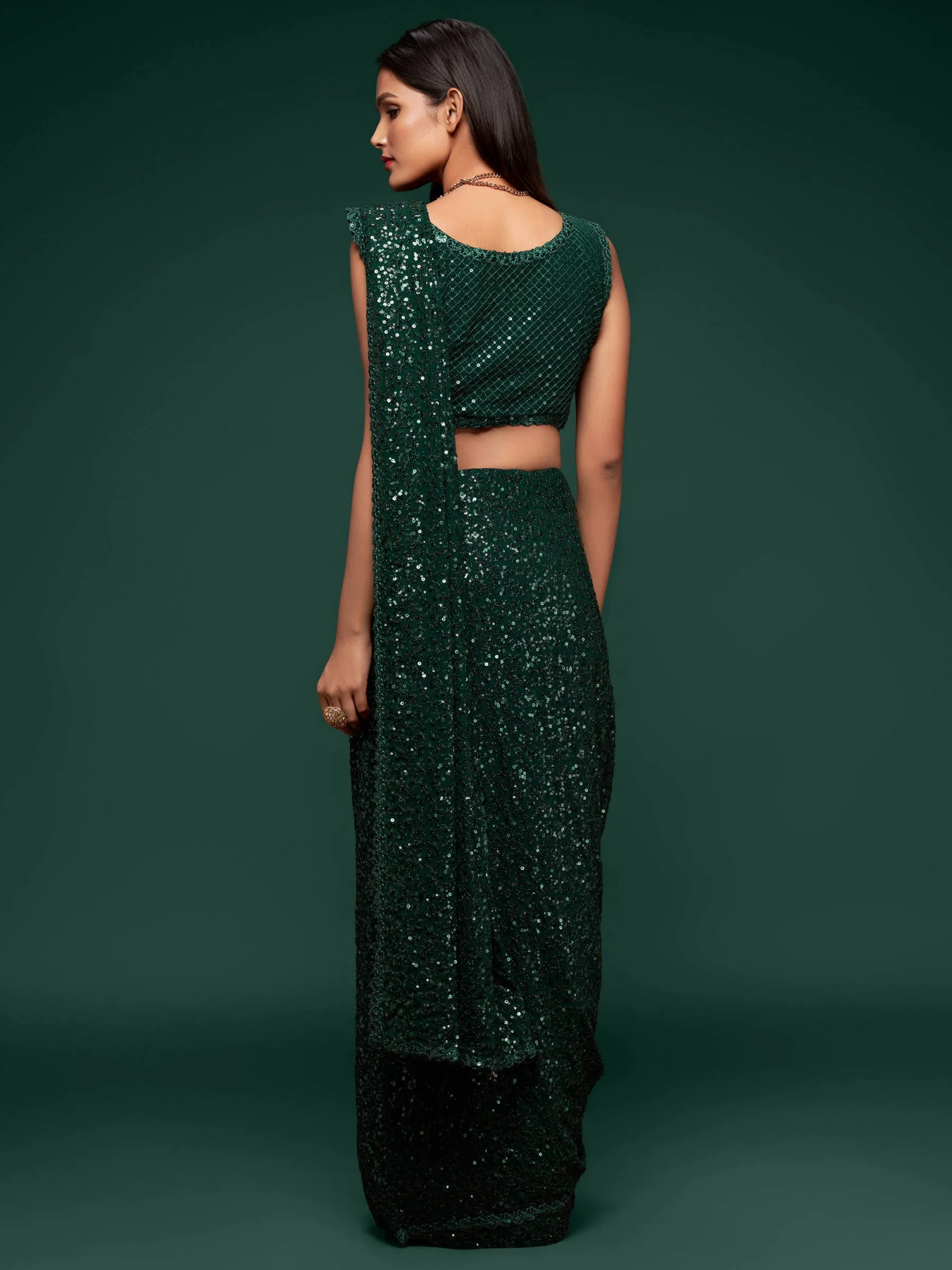 Fully Sequined Bottle Green Georgette Designer Saree