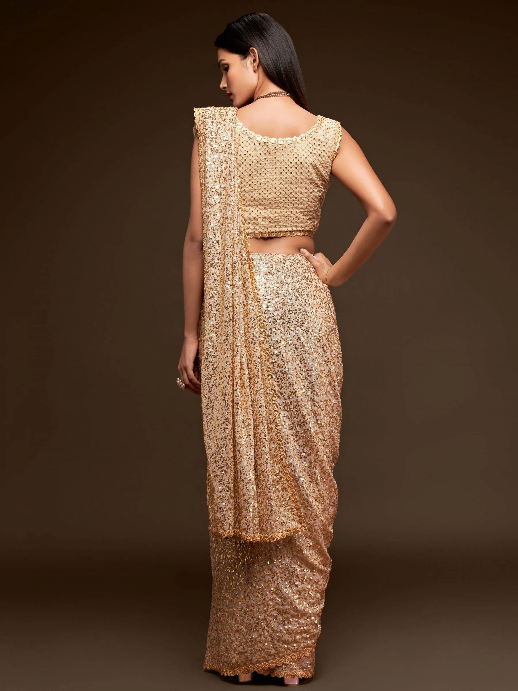 Fully Sequined Ivory Beige Georgette Designer Saree