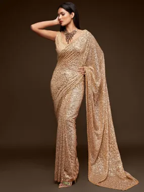 Fully Sequined Ivory Beige Georgette Designer Saree