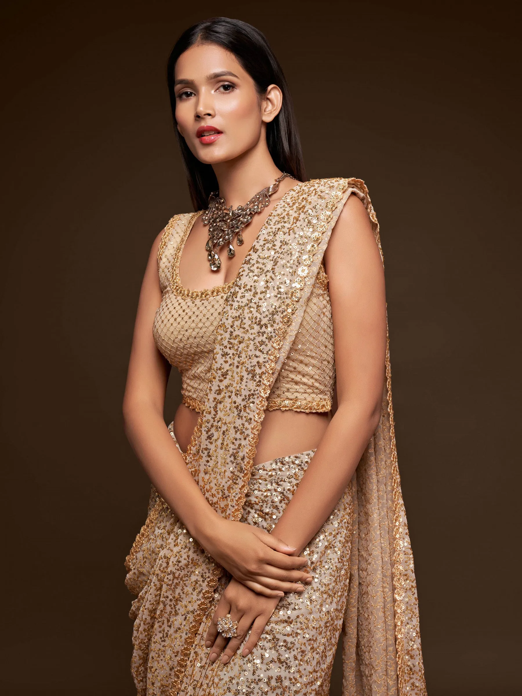 Fully Sequined Ivory Beige Georgette Designer Saree