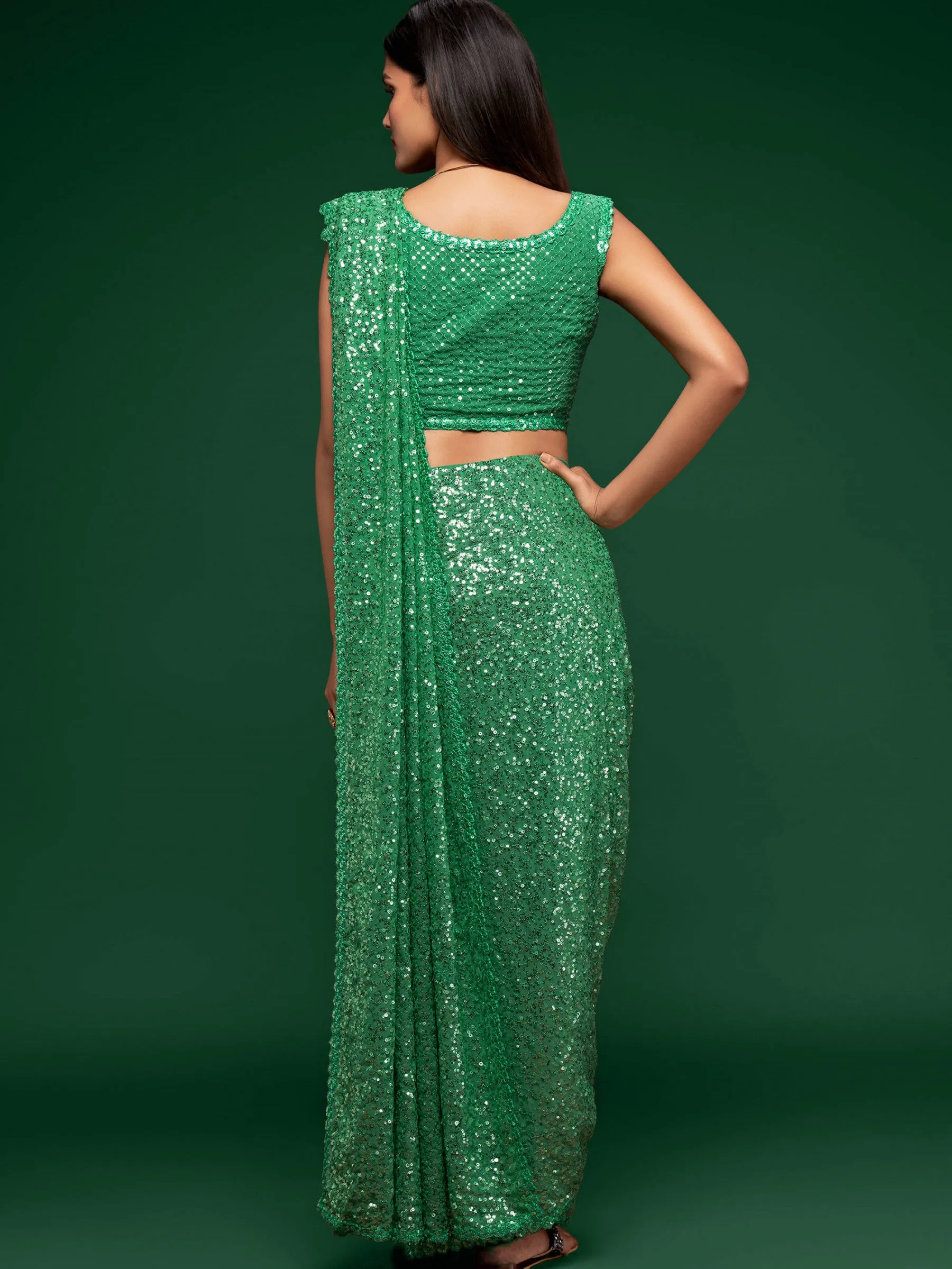 Fully Sequined Mint Green Georgette Designer Saree