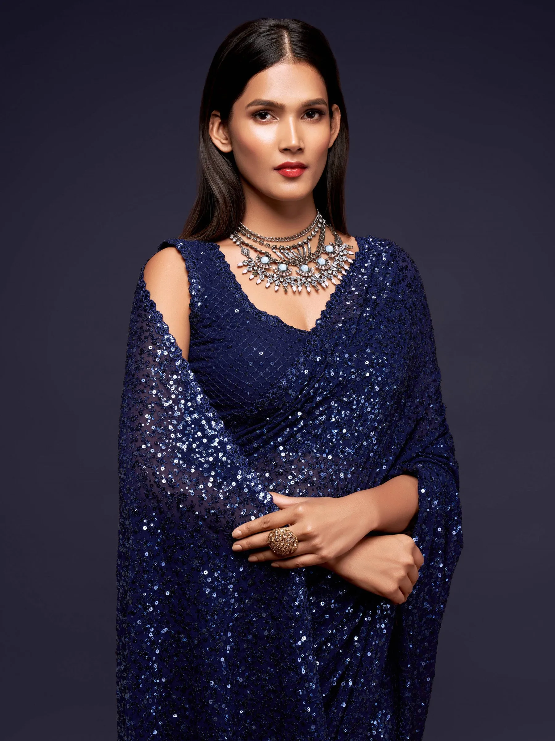 Fully Sequined Navy Blue Georgette Designer Saree