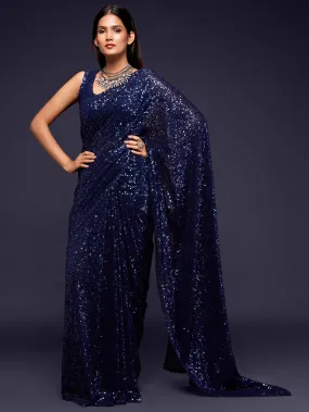 Fully Sequined Navy Blue Georgette Designer Saree