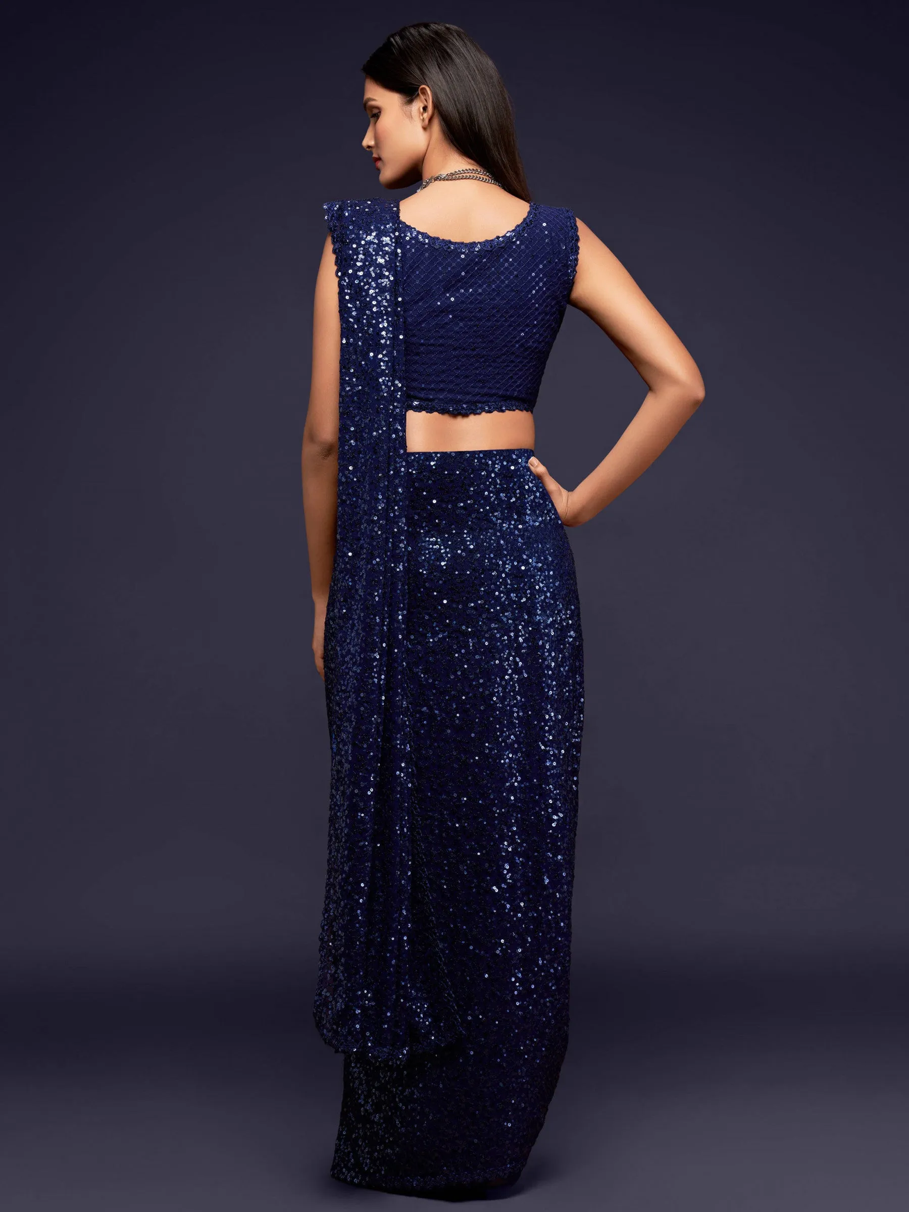 Fully Sequined Navy Blue Georgette Designer Saree