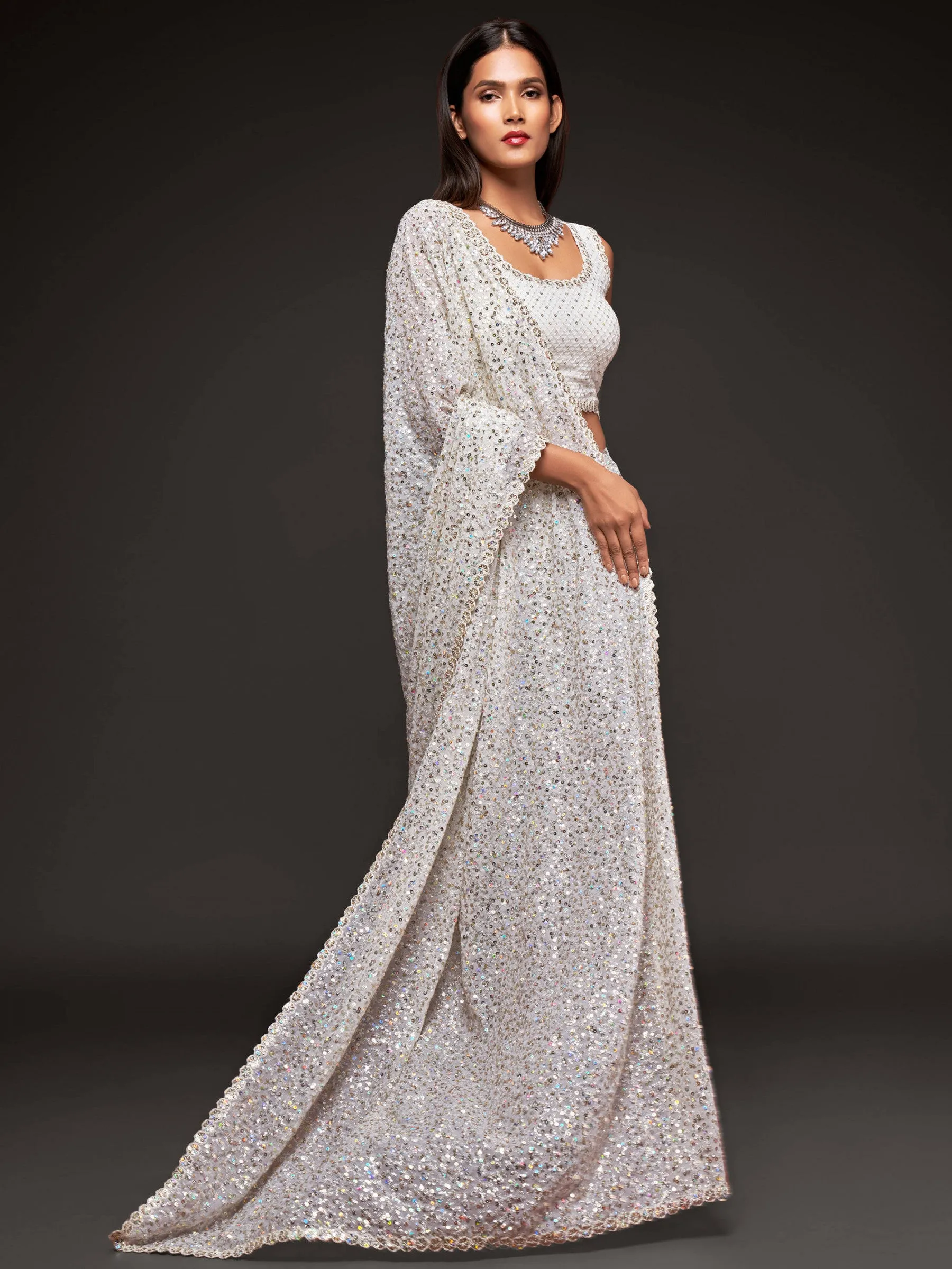 Fully Sequined Pearl White Georgette Designer Saree