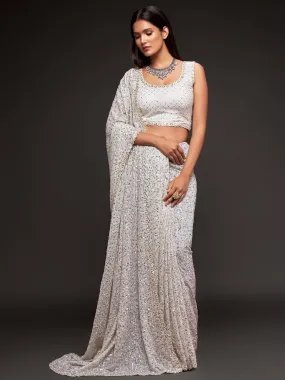 Fully Sequined Pearl White Georgette Designer Saree