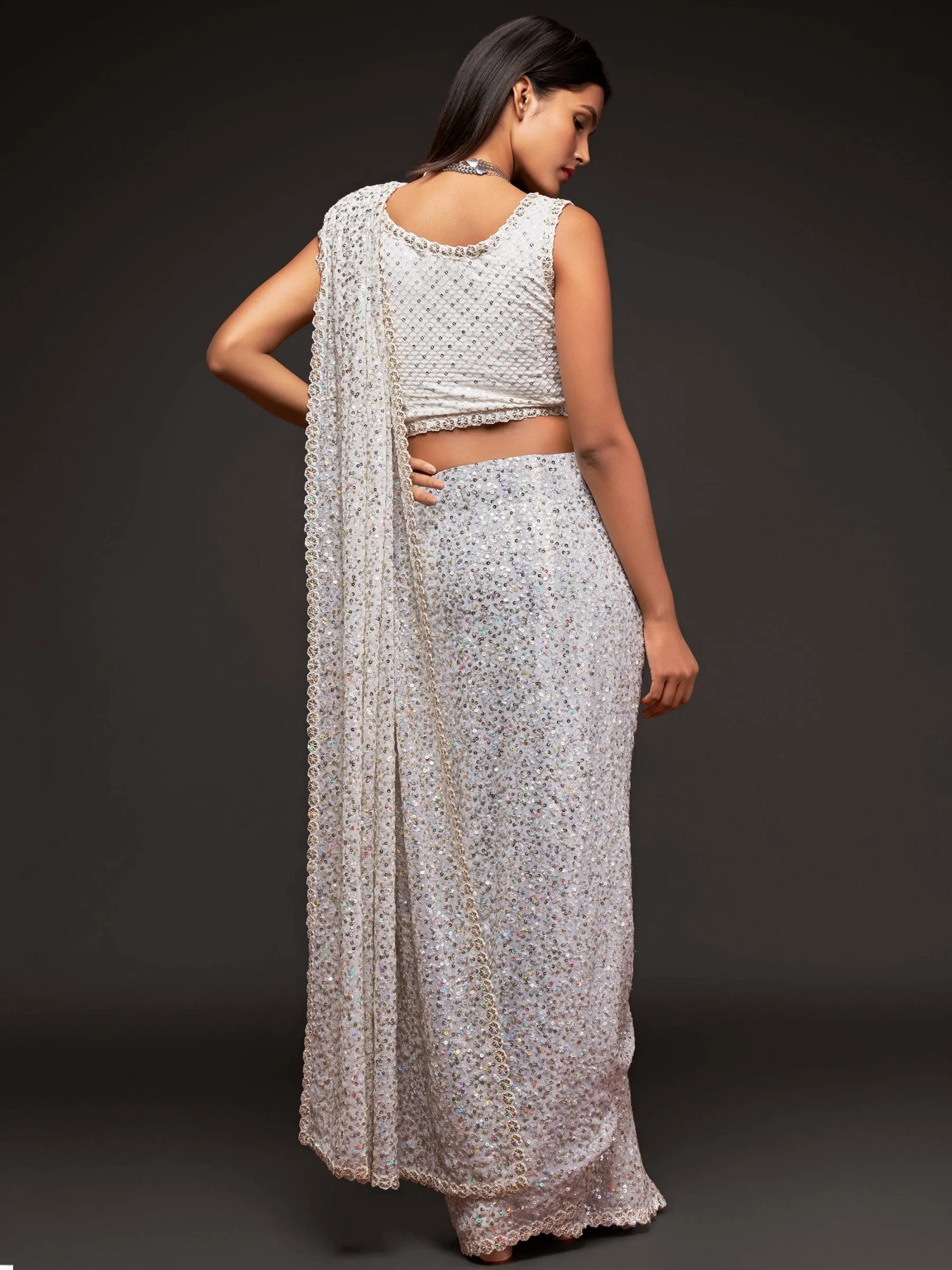 Fully Sequined Pearl White Georgette Designer Saree