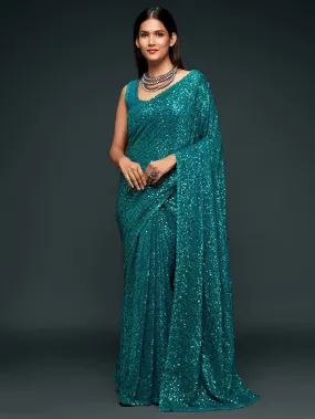 Fully Sequined Teal Blue Georgette Designer Saree