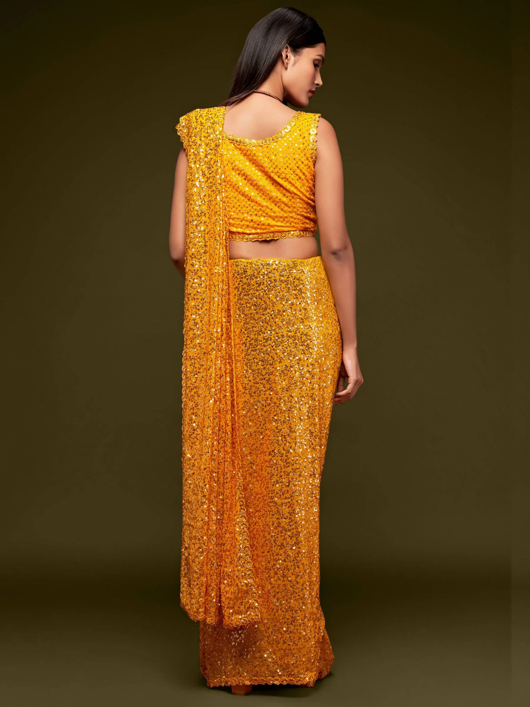 Fully Sequined Turmeric Yellow Georgette Designer Saree