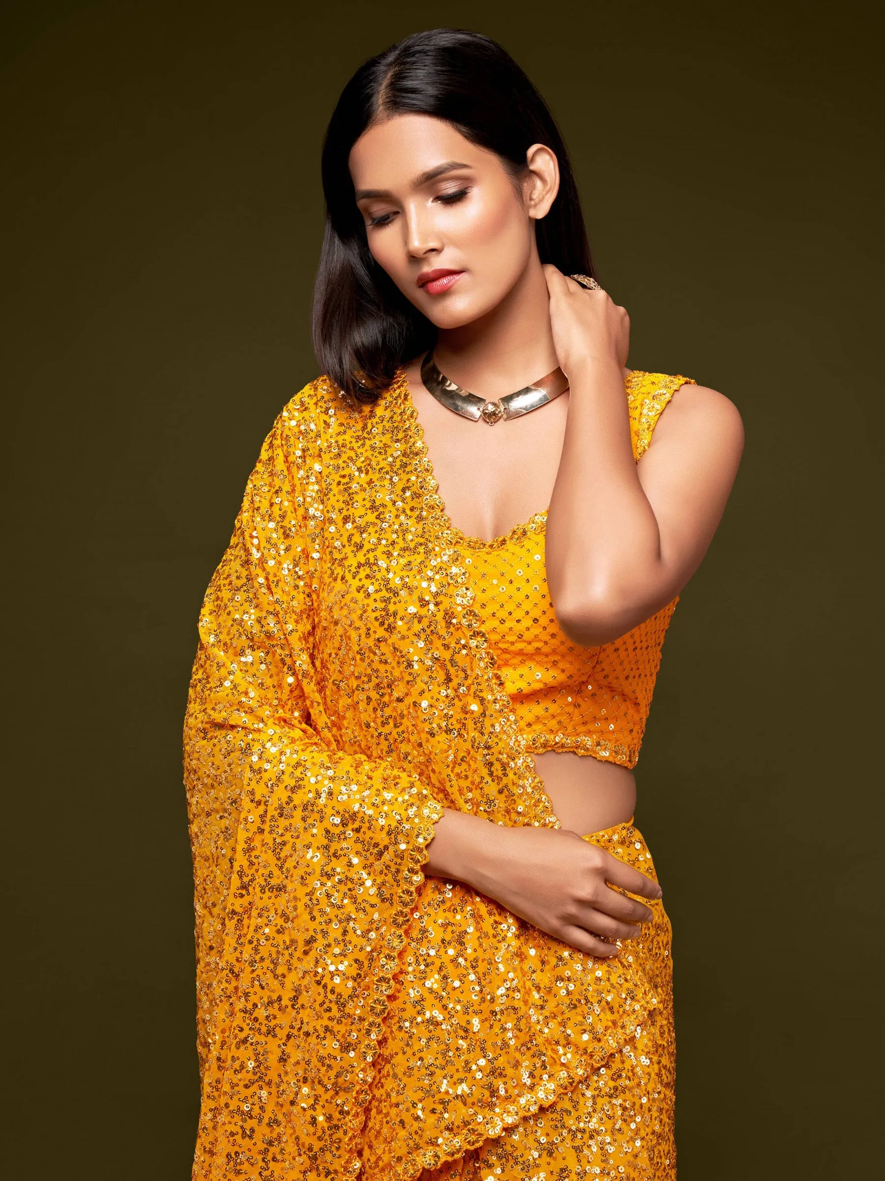 Fully Sequined Turmeric Yellow Georgette Designer Saree