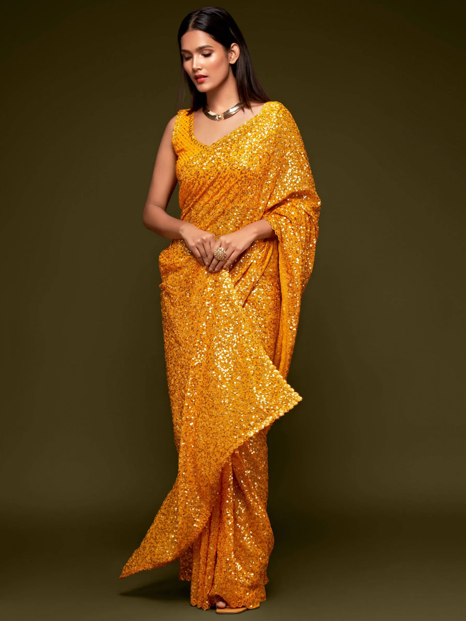 Fully Sequined Turmeric Yellow Georgette Designer Saree