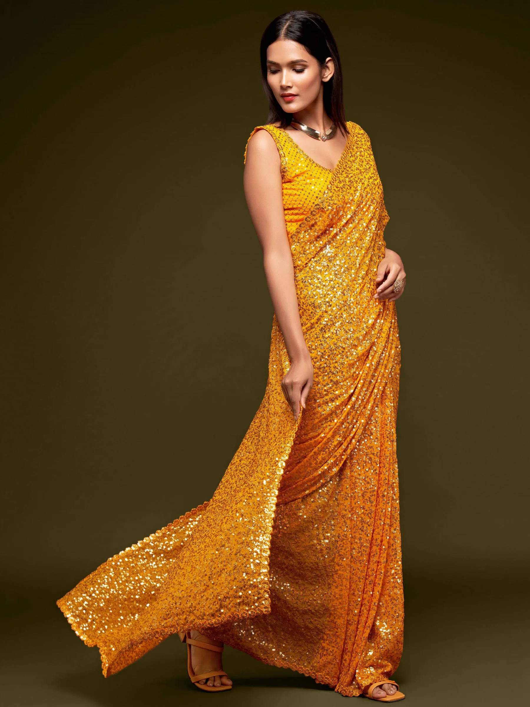 Fully Sequined Turmeric Yellow Georgette Designer Saree