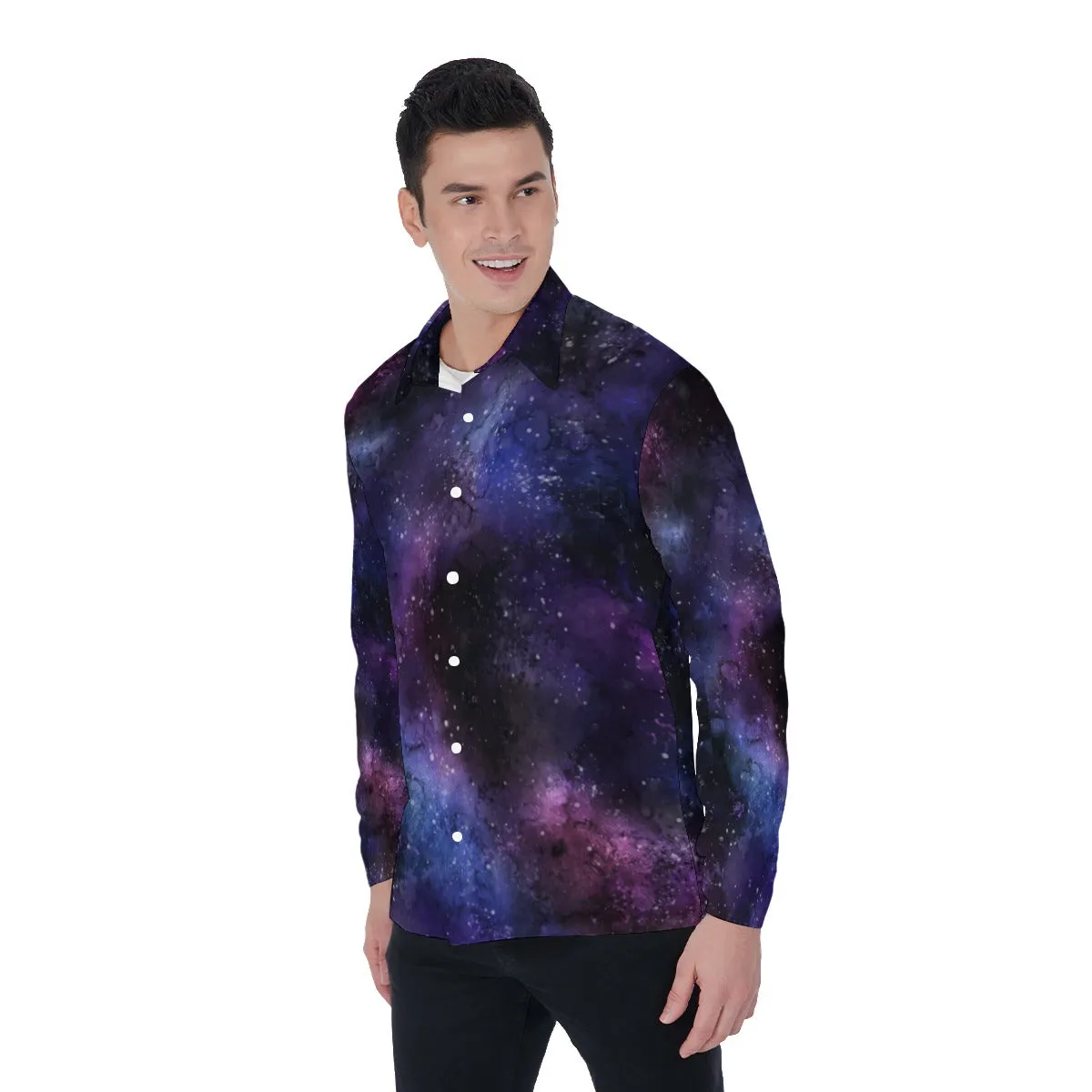 Galaxy Long Sleeve Men Button Up Shirt, Space Stars Print Dress Buttoned Collar Plus Size Shirt with Chest Pocket