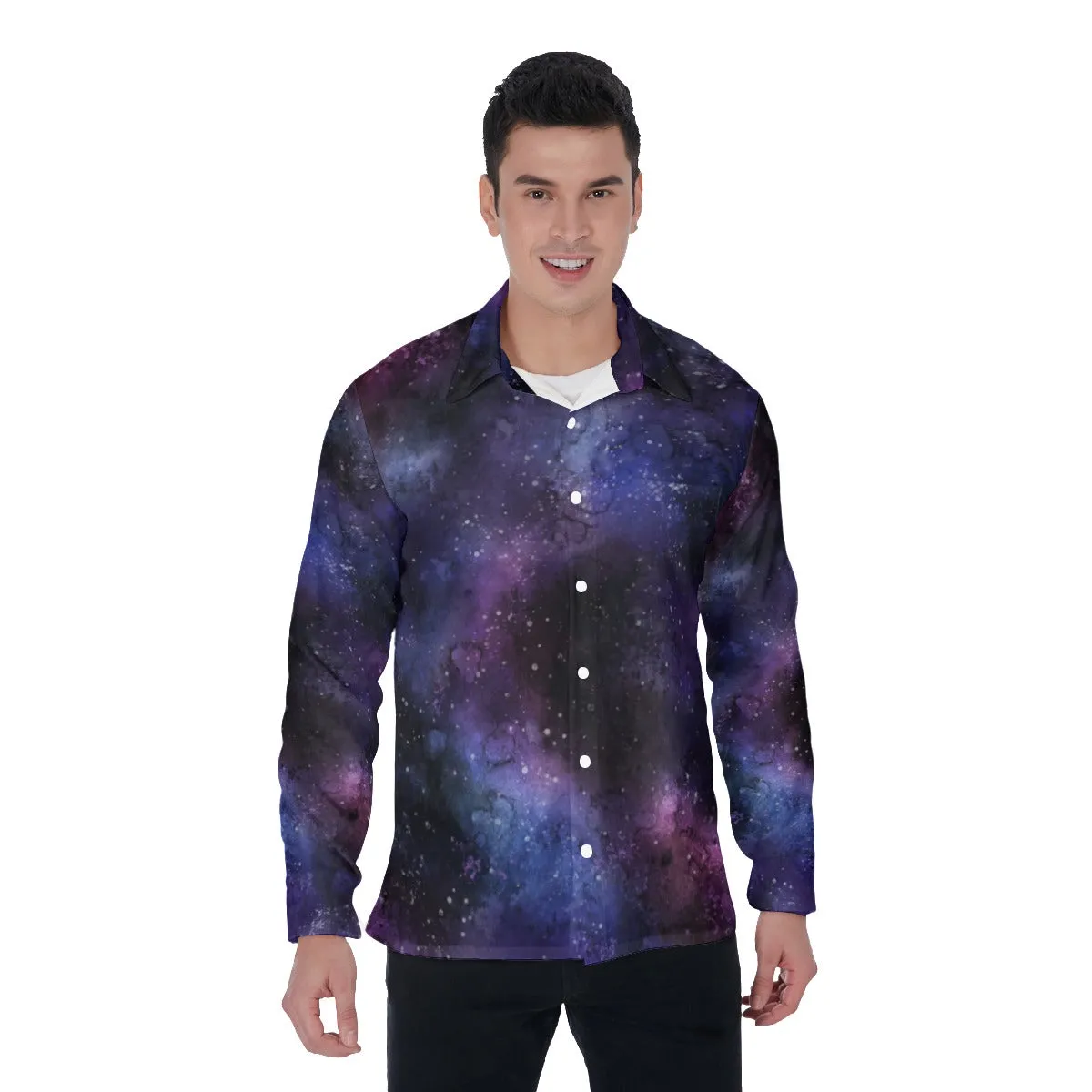 Galaxy Long Sleeve Men Button Up Shirt, Space Stars Print Dress Buttoned Collar Plus Size Shirt with Chest Pocket