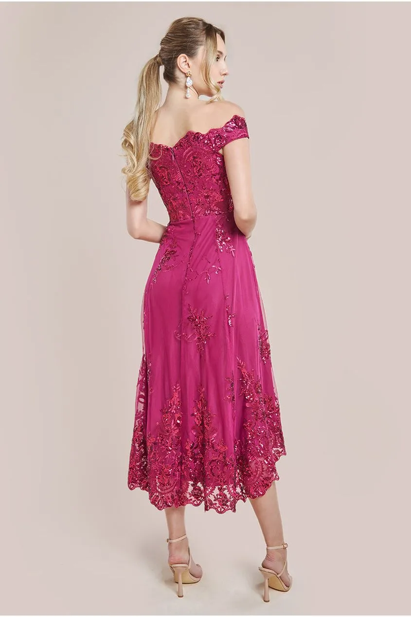 Goddiva Bardot Sequin & Lace High Low Midi - Magenta