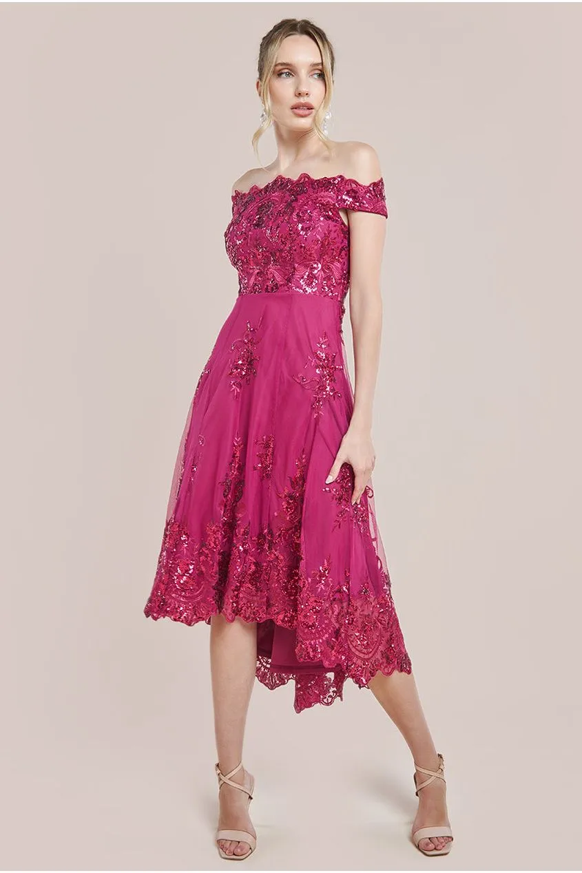 Goddiva Bardot Sequin & Lace High Low Midi - Magenta